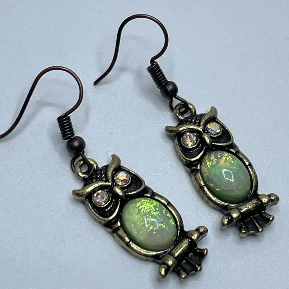 Cute Boho Iridescent Green Rhinestone Owl Dangle Earrings Fun Statement